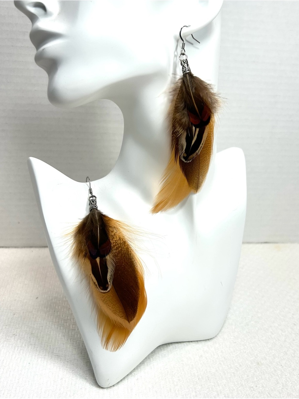 Hand Crafted Brown & Tan Feather Drop Earrings USA New